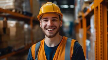 Happy Young Warehouse Worker Exuding Pride and Enthusiasm in a Vibrant Industrial Setting photo