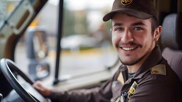 Happy Young UPS Driver Exuding Pride and Professionalism in Colorful Portrait photo