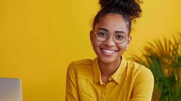 Happy Young Public Relations Specialist Exuding Confidence in Vibrant Office Setting photo