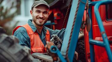 Happy Young Tow Truck Operator Excelling in His Chosen Career photo