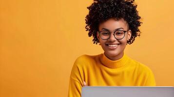 Happy Young Social Media Specialist Thriving in a Colorful Digital Workspace photo