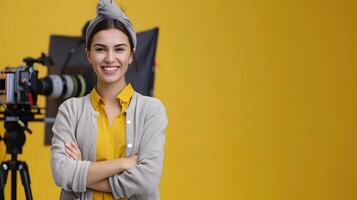Happy Young Professional A Journalists Inspiring Work on a Colorful Background photo