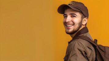 Happy Young UPS Driver Exuding Professional Commitment in a Colorful Background photo