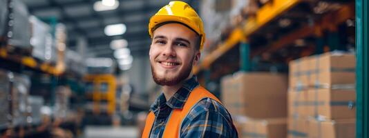 Happy Young Warehouse Worker Excels in Colorful Industrial Environment photo
