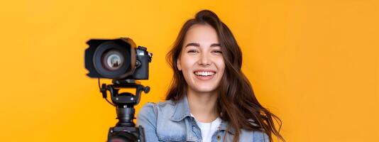 Happy Young Journalist Exuding Optimism While Working on News Story photo