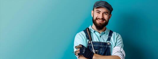 Happy Young Locksmith Expertly Working with Locks on Colorful Backdrop photo