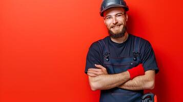 Happy Young Locksmith Expertly Working on a Colorful Background photo