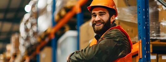 Happy Young Warehouse Worker Exuding Joy and Professionalism in Colorful Industrial Setting photo