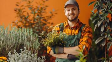 Happy Young Landscaping Worker Embracing a Fulfilling Career in a Colorful Garden photo