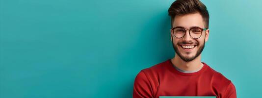 Happy Young Screenwriter Crafting a Success Story on a Colorful Background photo