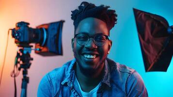 Happy Young Screenwriter Crafting a Story A Colorful Portrait of Creativity and Success photo