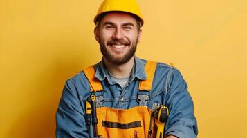 Happy Young Mechanic Excels in Colorful Garage Portrait of Auto Repair Professional photo