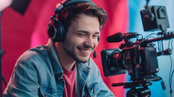 Happy Young Screenwriter Crafting a Story A Colorful Portrait of Creativity and Productivity photo