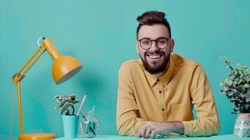 Happy Young Speechwriter Exuding Success while Working on Colorful Background photo