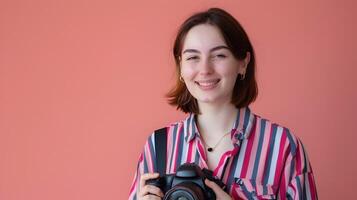 Happy Young Journalist Exuding Positivity While Working on News Story photo