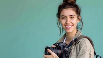 Happy Young Journalist Excels in Colorful Workspace Embracing Modern Journalism photo