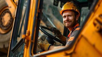 Happy Young Heavy Equipment Operator Exuding Pride and Joy in Industrial Setting photo