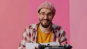 Happy Young Screenwriter Crafting Stories with Passion in Vibrant Digital World photo