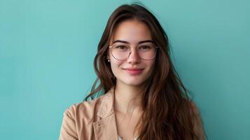 Happy Young Public Relations Specialist Exuding Enthusiasm while Working on a Colorful Background photo
