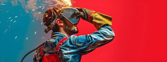 Happy Young Welder Crafting a Brighter Future Portrait with Colorful Background photo