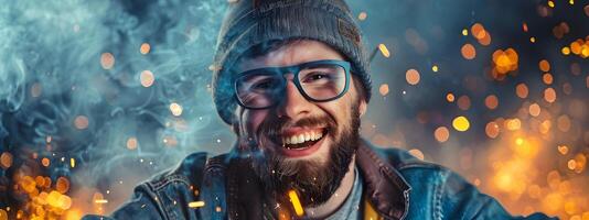 Happy Young Welder Mastering Her Craft in a Vibrant Industrial Setting photo