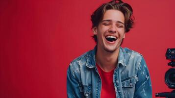 Happy Young Screenwriter Crafting a Brilliant Story on a Colorful Background photo