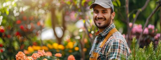Happy Young Landscaping Worker Cultivating a Colorful Garden with Joy and Dedication photo