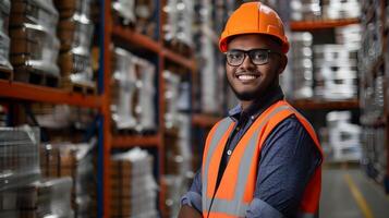 Happy Young Warehouse Worker Exuding Professionalism and Joy in Vibrant Industrial Setting photo