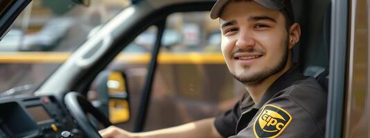 Joyful UPS Driver Expressing Happiness While Delivering Packages photo