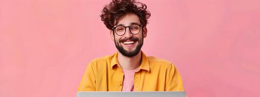 Joyful Content Creator Excelling in Digital Art Career on Colorful Background photo