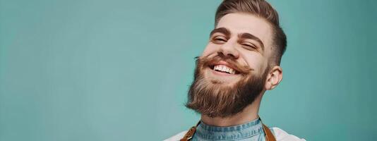 Joyful Barber Expertly Crafting a Trendy Haircut and Beard Style photo