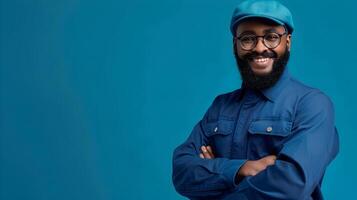 Joyful Mail Carrier Portrait Celebrating Modern Delivery Service photo