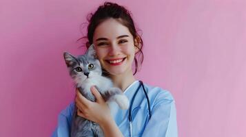 Joyful Veterinary Assistant Devoted to Animal Care in a Vibrant Clinic photo