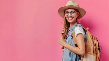 Inspiring Young Travel Writer Productively Working on a Colorful Background photo