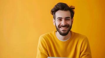 Joyful Content Strategist Working Productively on Colorful Background photo