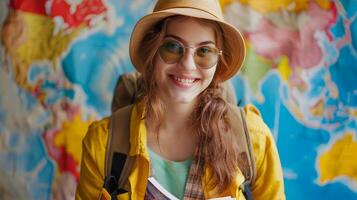Joyful Travel Writer Crafting Colorful Stories in a Dynamic Office Landscape photo