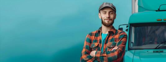 Journey of a Young Truck Driver A Radiant Portrait of Happiness and Success on the Open Road photo