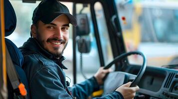 Joyful Young Bus Driver Embarking on a Colorful Professional Journey photo