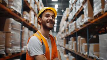 Happy Young Worker Excelling in a Vibrant Warehouse Atmosphere photo