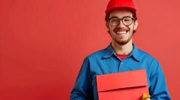Joyful Mail Carrier Portrait Celebrating Service and Dedication in a Vibrant Urban Setting photo