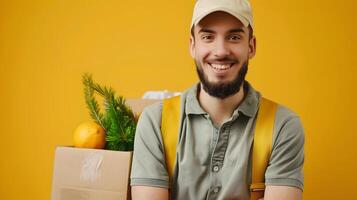 Joyful Delivery Driver Pursuing Career Success in a Vibrant Urban Setting photo
