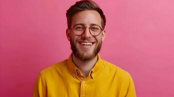 Joyful Content Strategist Productively Working on Color Background photo