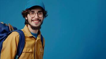 Joyful Mail Carrier Embracing Modern Career Portrait on Colorful Background photo