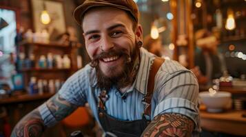 Joyful Barber Specializing in Modern Hairstyles A Dedicated Professional in the Art of Grooming photo