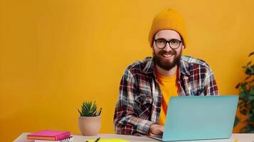Joyful Content Creator Crafting Digital Art in a Vibrant Workspace photo
