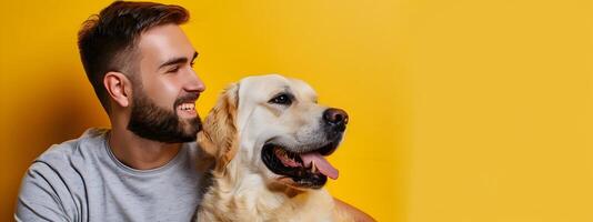 Joyful Service Dog Trainer Instills Skills in Canine Partner on Colorful Background photo