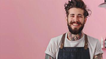 Joyful Young Barber Expertly Crafting Styles on Color Background photo