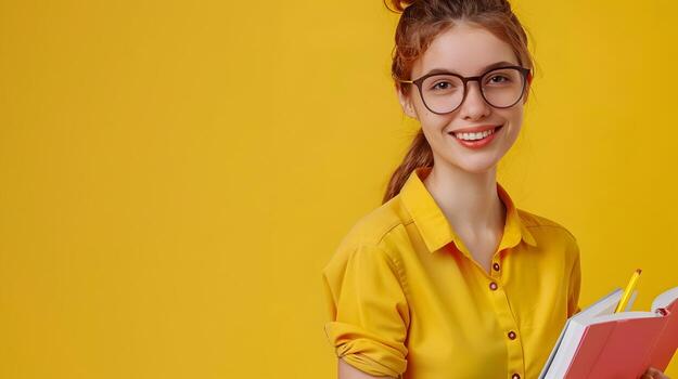 Joyful Young Professional Excelling as a Copy Editor on a Vibrant Color Background photo