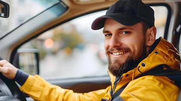 Joyful Young Cab Driver Proudly Working Behind the Wheel photo