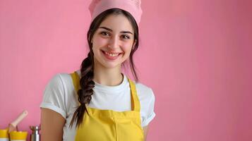 Joyful Young Housekeeper Excelling in Job Duties Vibrant Background photo